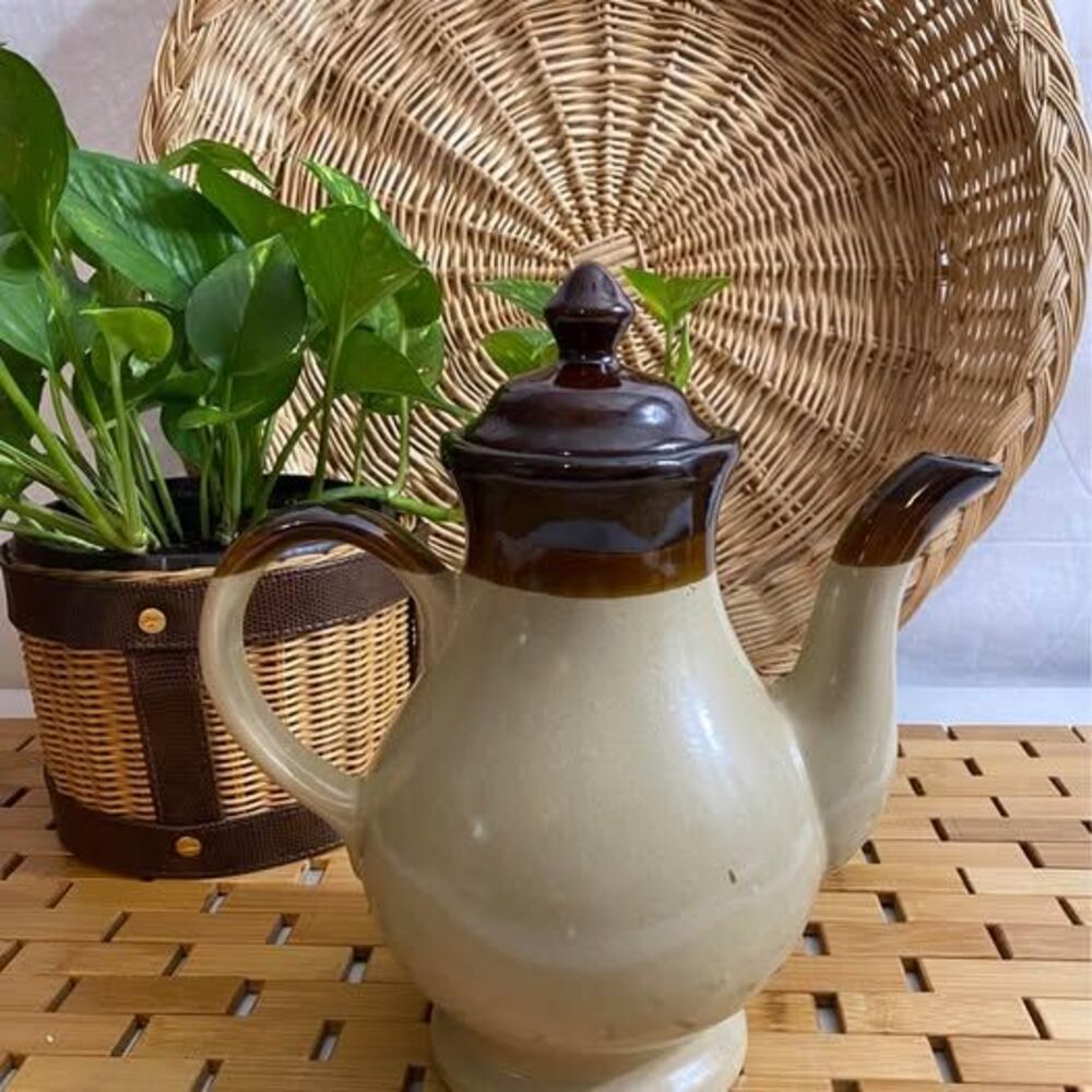Stoneware Brown and Cream Glazed Ceramic Coffee, Tea Pot